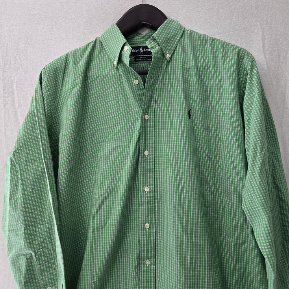 Ralph Lauren Shirt Mens Large Green Plaid Button Long Sleeve Blake 2ply Cotton
